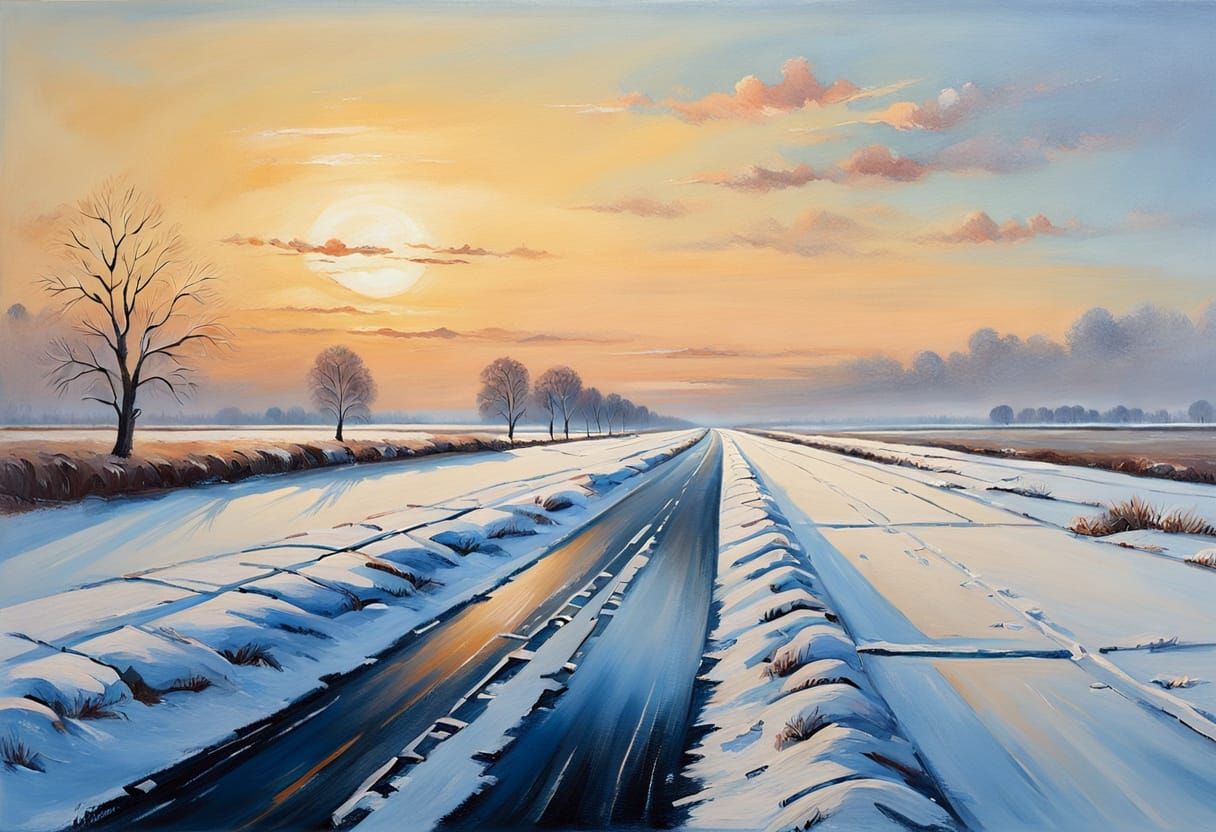 Impressionist Winterscape with Frozen Canal and Sunrise