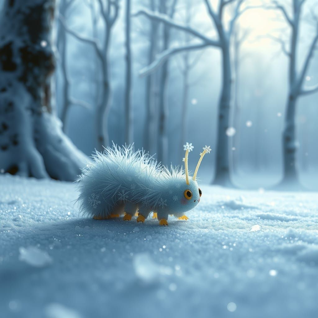 Whimsical Winter Caterpillar in a Frosty Forest Scene