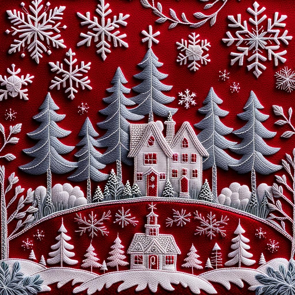 Classic Embroidered Christmas Scene in Rich, Vibrant Colors