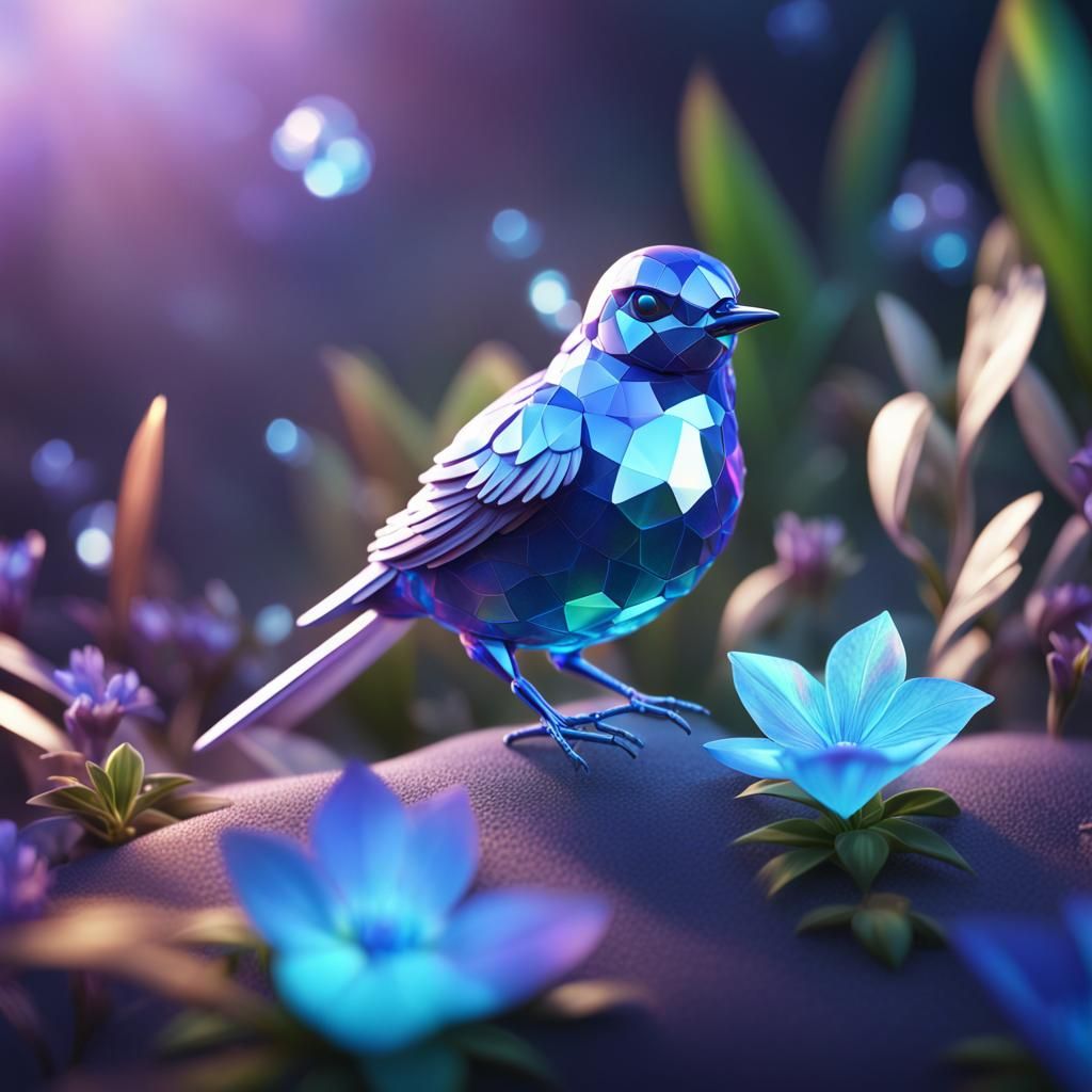 Iridescent Crystal Bird with Periwinkle Flowers