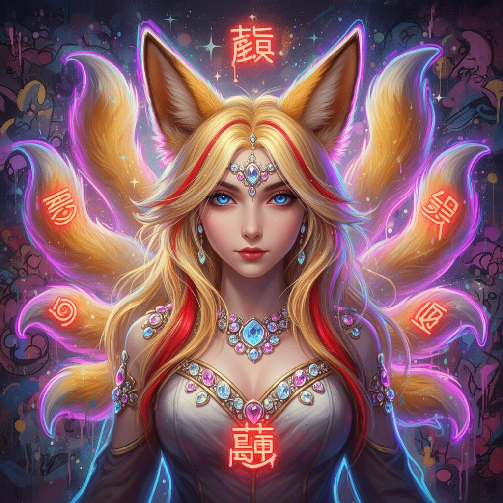 Neon Kitsune Goddess with Jewels and Symbols