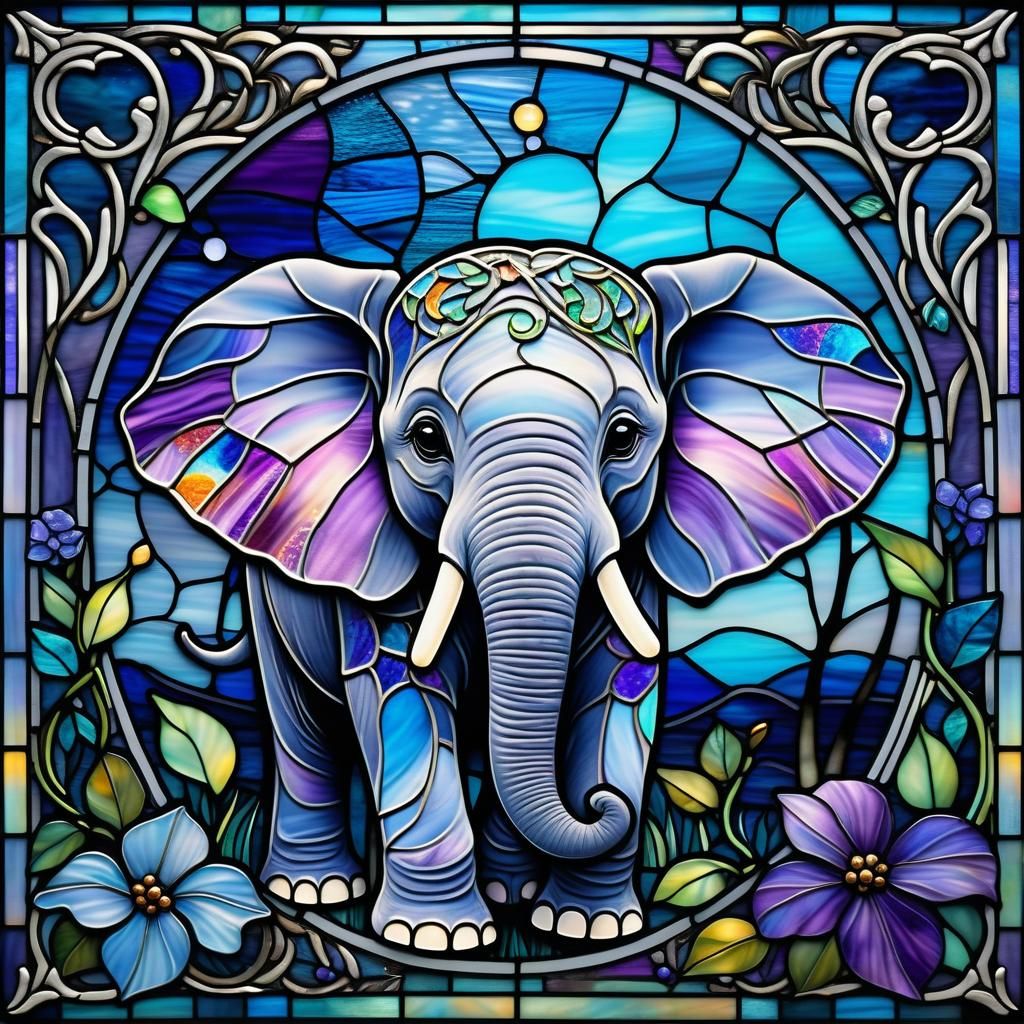Vibrant stained glass art depicting a playful little elephan...
