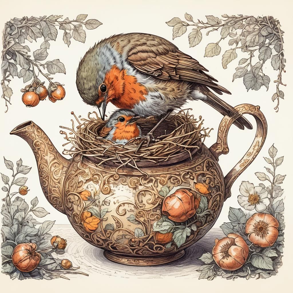 Robin's Teapot Nest: A Storybook Illustration