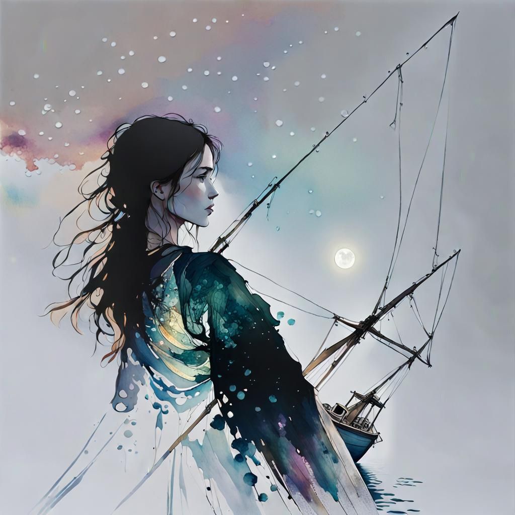 Woman Gazing at Moonlit Boat, Digital Watercolor