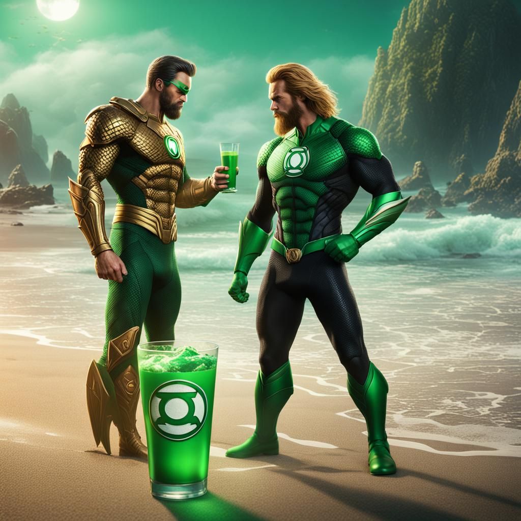 Green Lantern and Aquaman sharing a drink on the beach