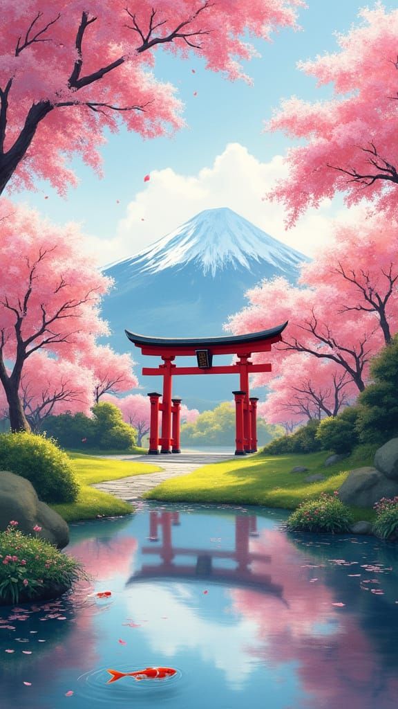Peaceful Japanese Shrine Amidst Cherry Blossoms in Full Bloo...