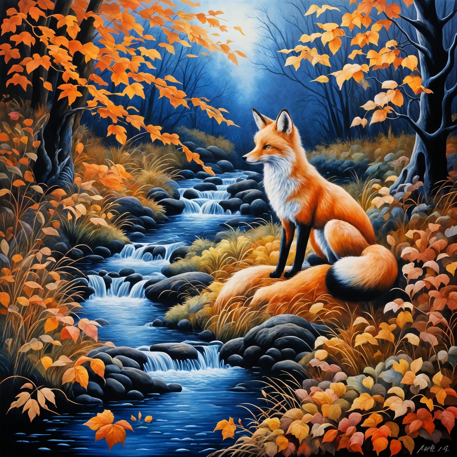 Autumn Fox at Blue Hour: Romantic Oil Painting