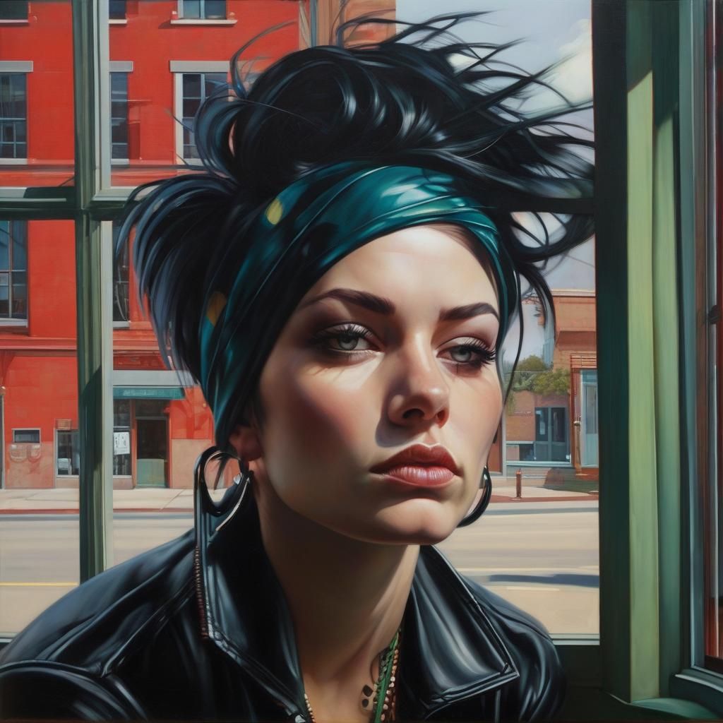 Punk Woman Portrait Leaning Against Window, Figurative Style
