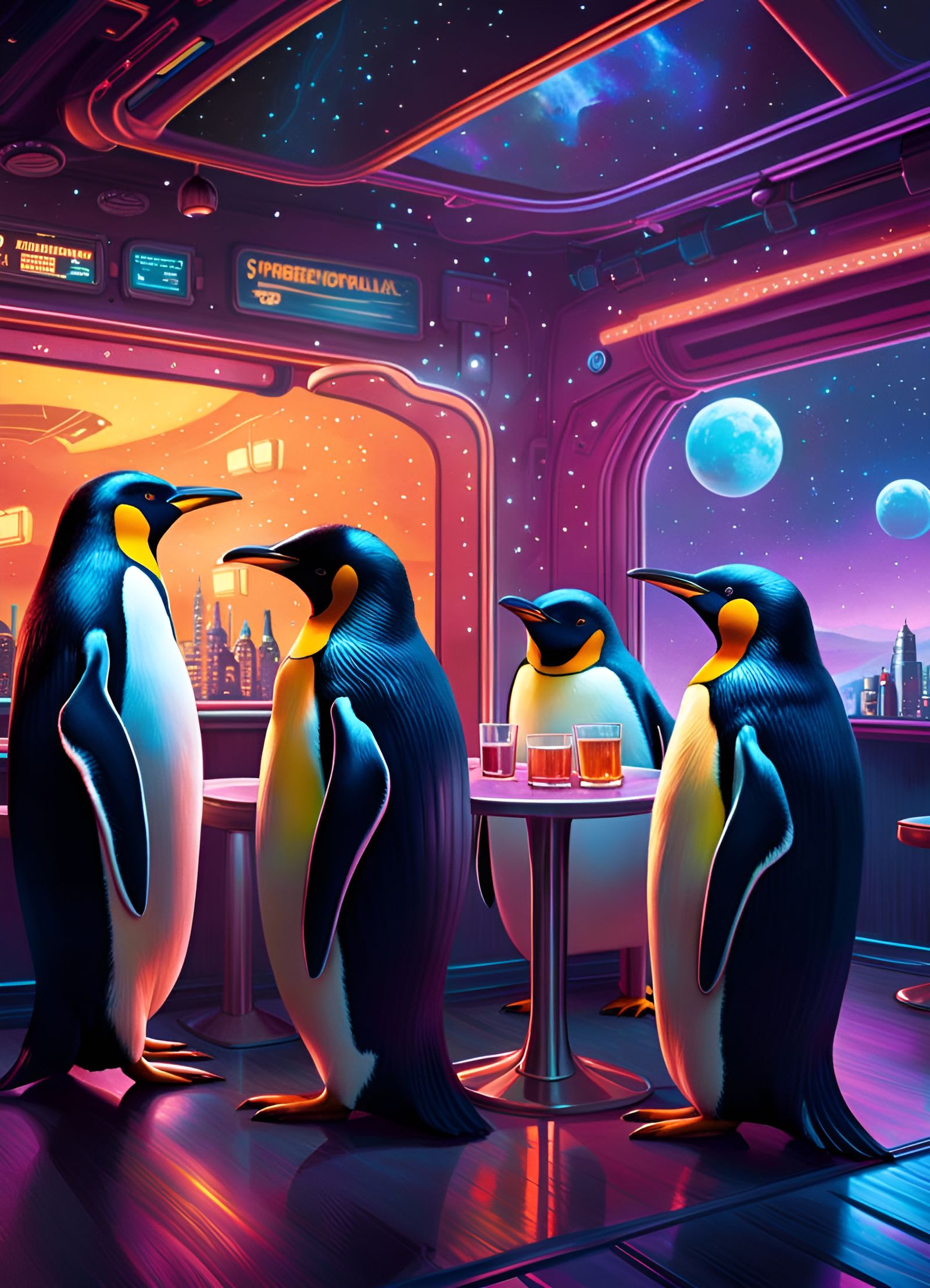 Penguins Enjoy Nightcafe in Space, Hyperrealistic Sci-Fi