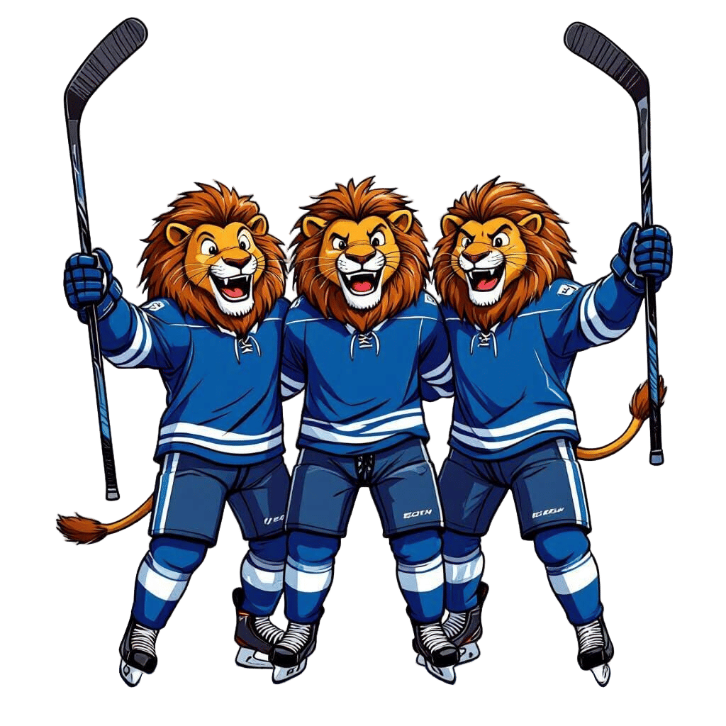 Lion-Headed Hockey Players Celebrate Victory in Comic Style