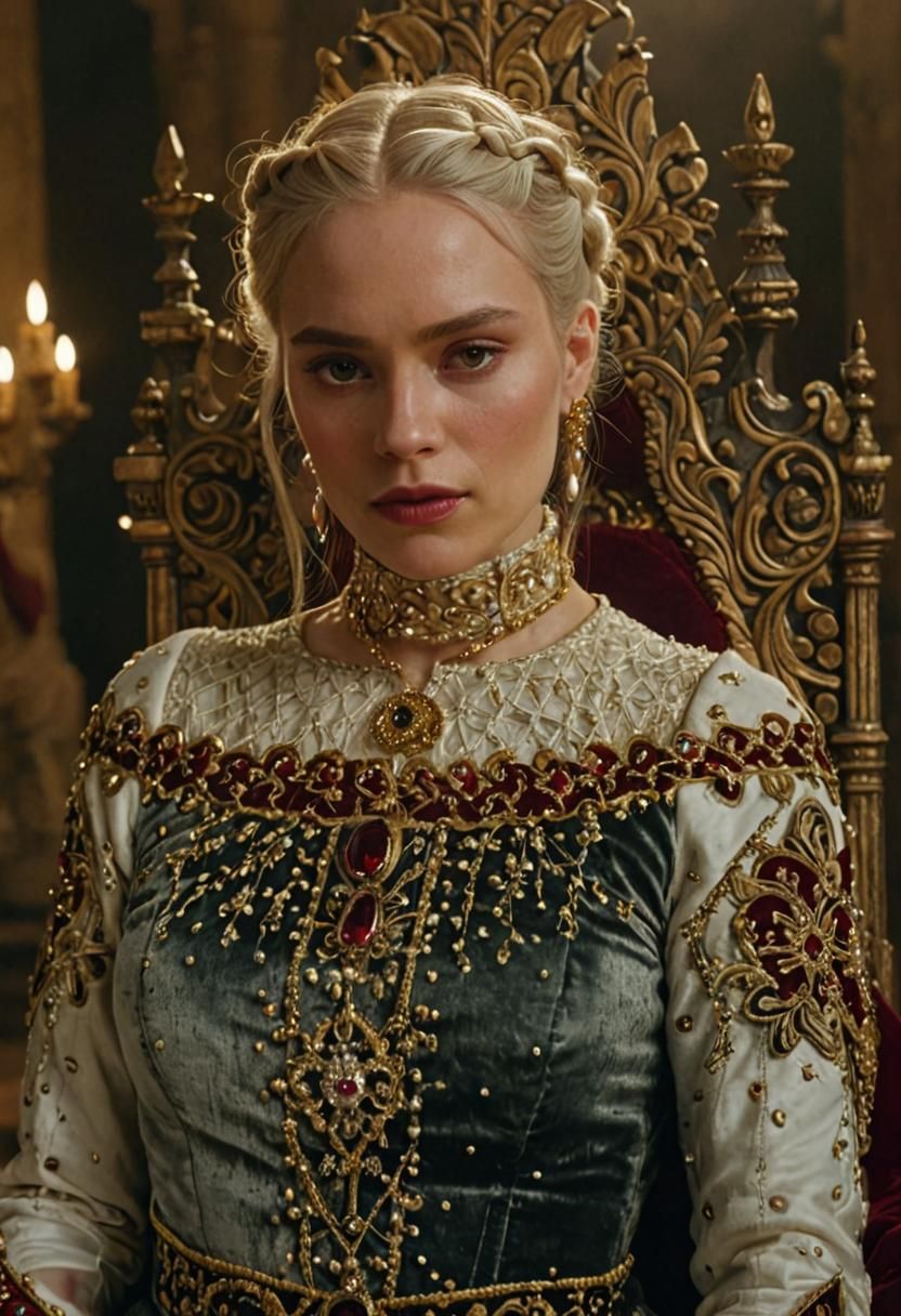 Young Queen in Luxurious Medieval Throne Room