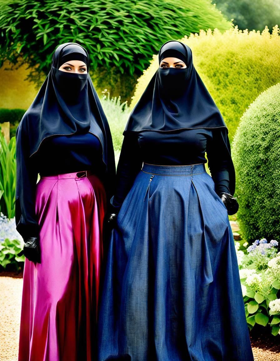 Niqabi Teachers in Garden, Watercolor Portrait