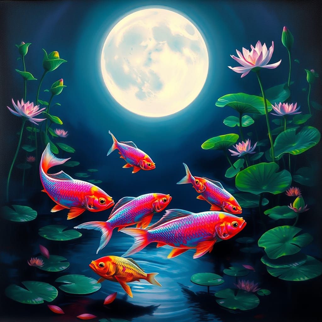 Fluorescent Fish in Pond Under Moonlight