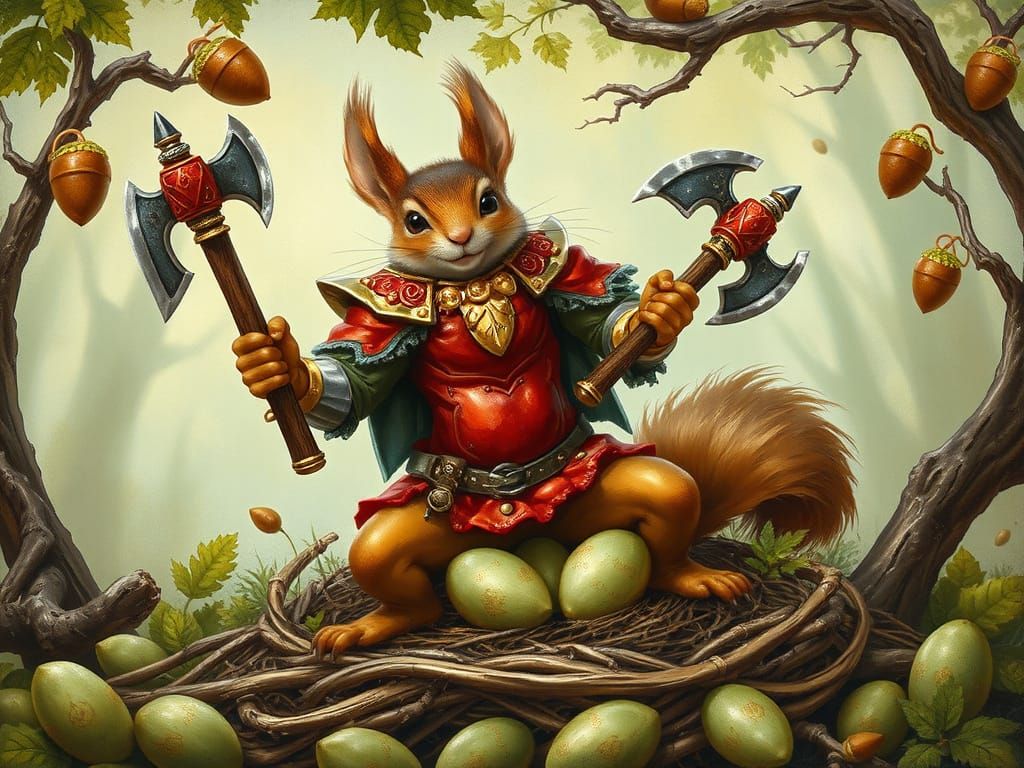 Battle Squirrel Defends Acorns in Whimsical Forest