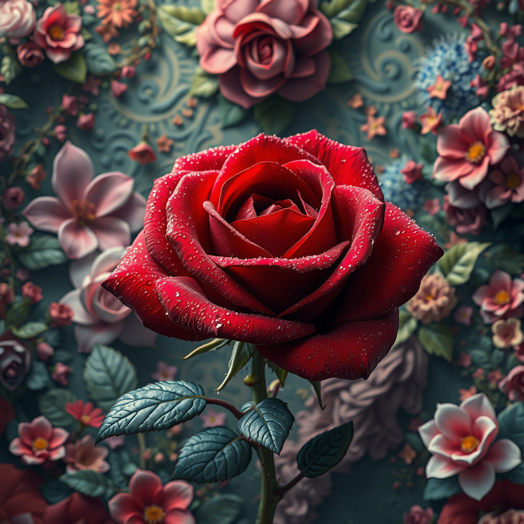 Red Rose in Lush Garden: Hyperrealistic Matte Painting