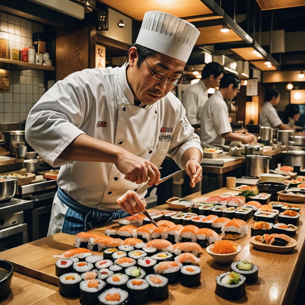 Japanese Chef Creates Sushi in Vibrant Tokyo Restaurant