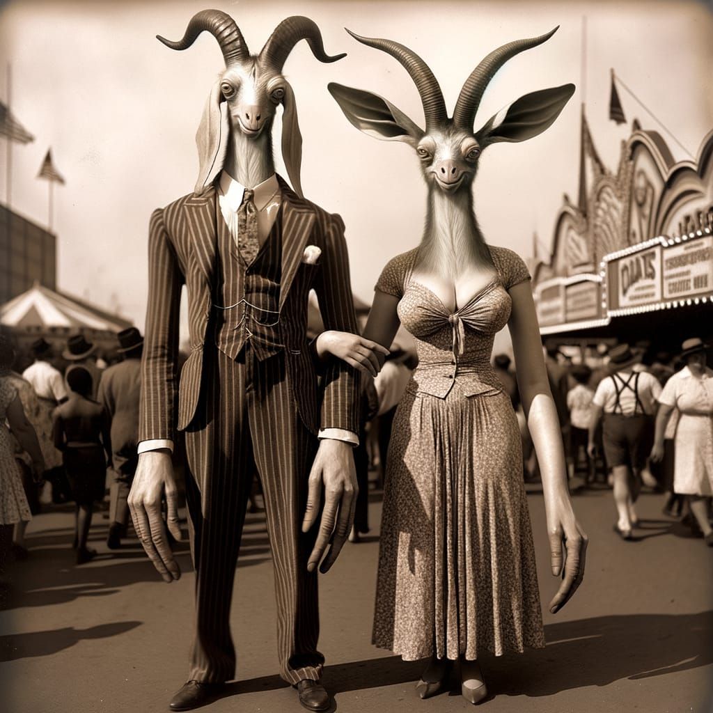 Surreal Sepia Carnival: Goat-Man and Duck-Woman