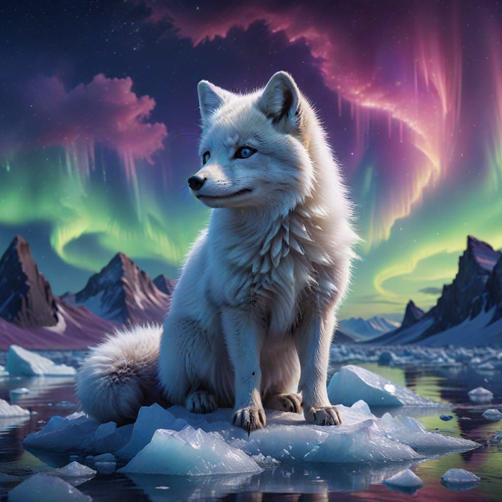 Arctic Fox Kit Under Aurora Borealis