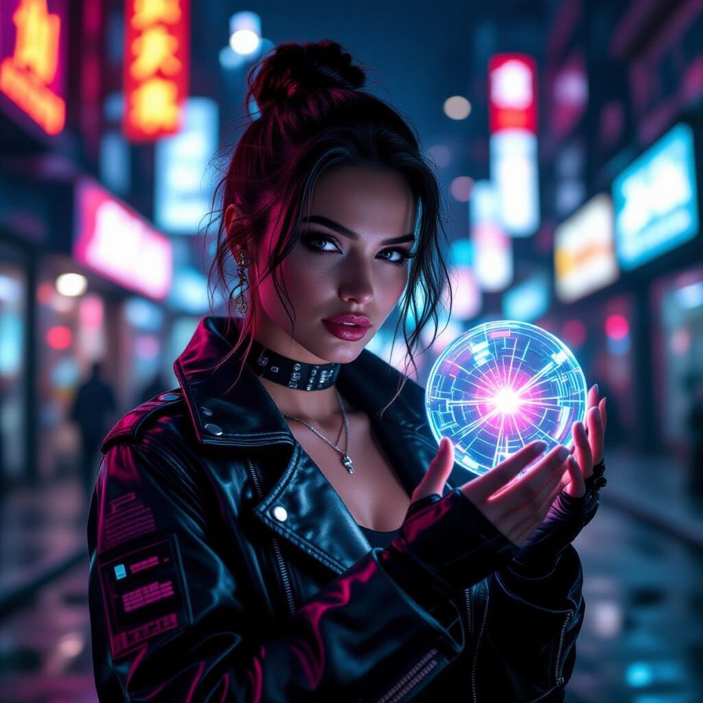 Cyberpunk Woman Holds Digital Sphere Amidst Ruins