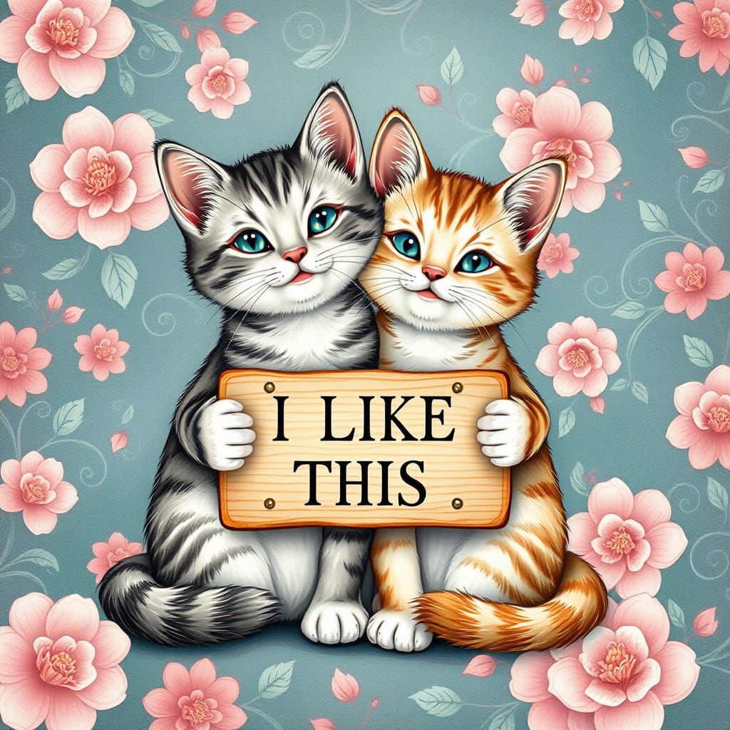 Charming Feline Duo in Whimsical Floral Scene