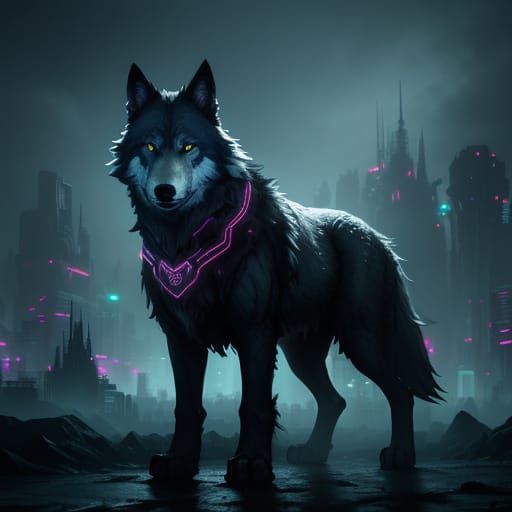 Lone Wolf Against Futuristic Cityscape at Dusk in Fantasy St...