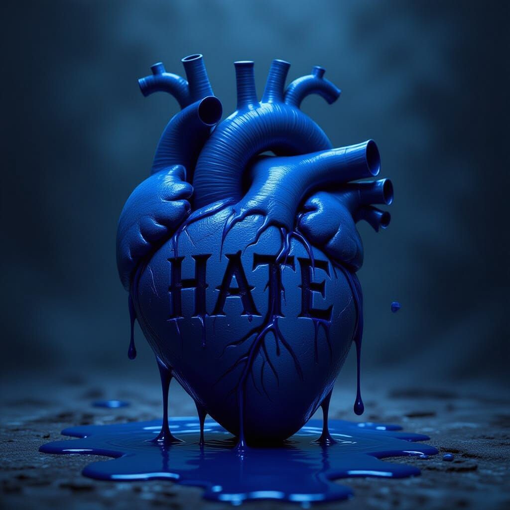 Deep Blue Heart Dripping Blood With 'Hate' Carved, 4k