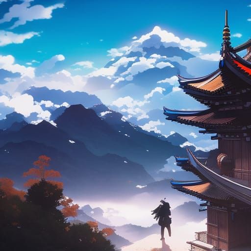 Samurai Amidst Mountain Sky: Anime-Inspired Art