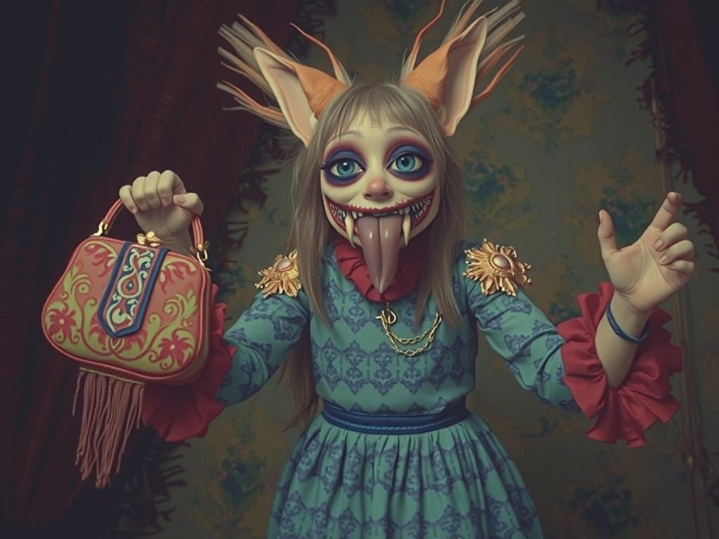 Cursed Anamorphic Photo: Surreal Entity with Magic Bag