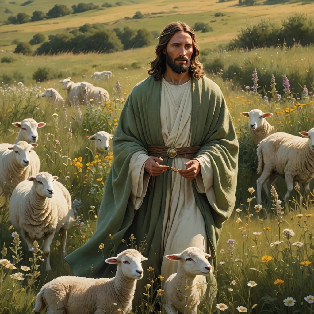 Jesus with Lambs in Wildflower Field: Digital Matte Painting