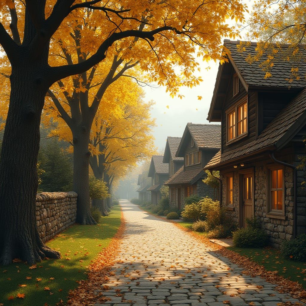 Idyllic Autumn Village Street at Golden Hour