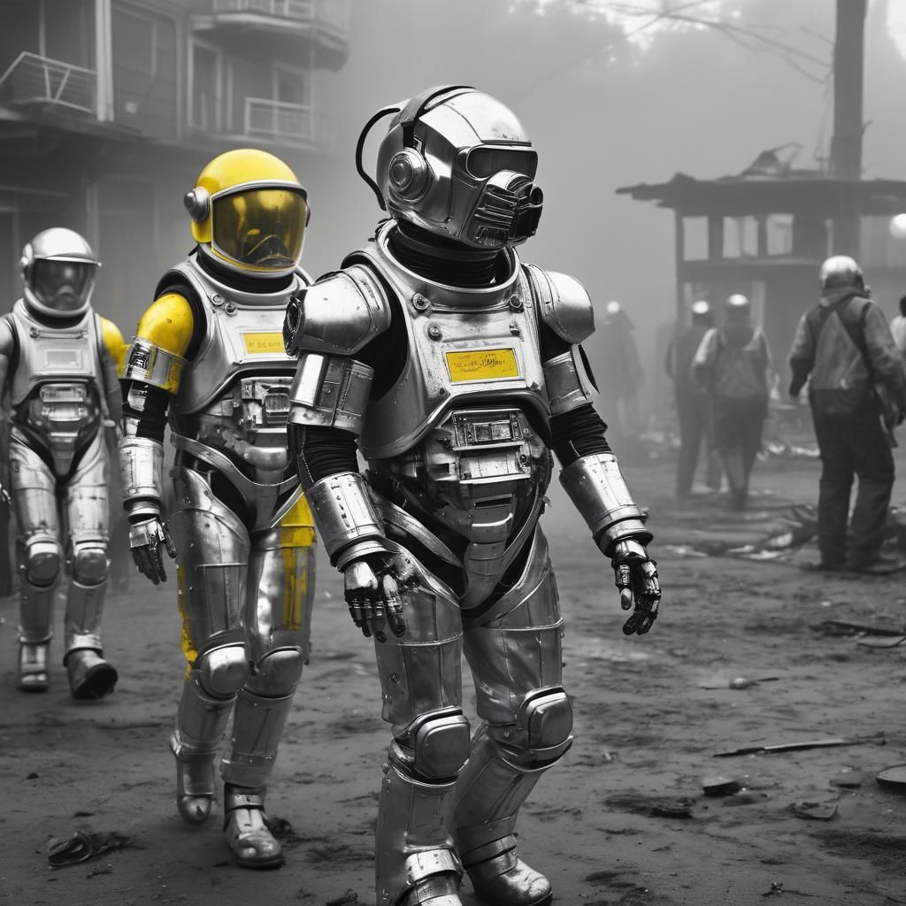 Chrome Space Suit in Post-Apocalyptic Black and White
