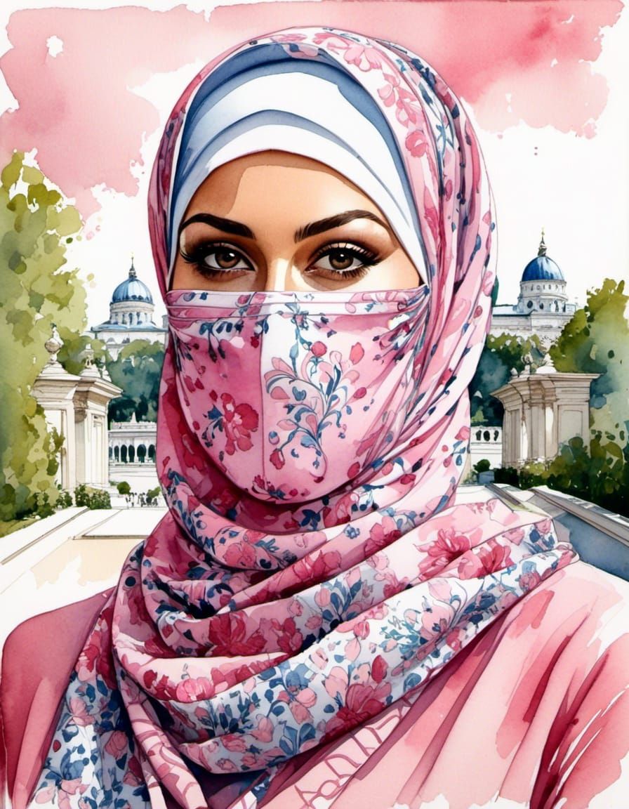 Curvy Woman in Hijab Portrait as Watercolor