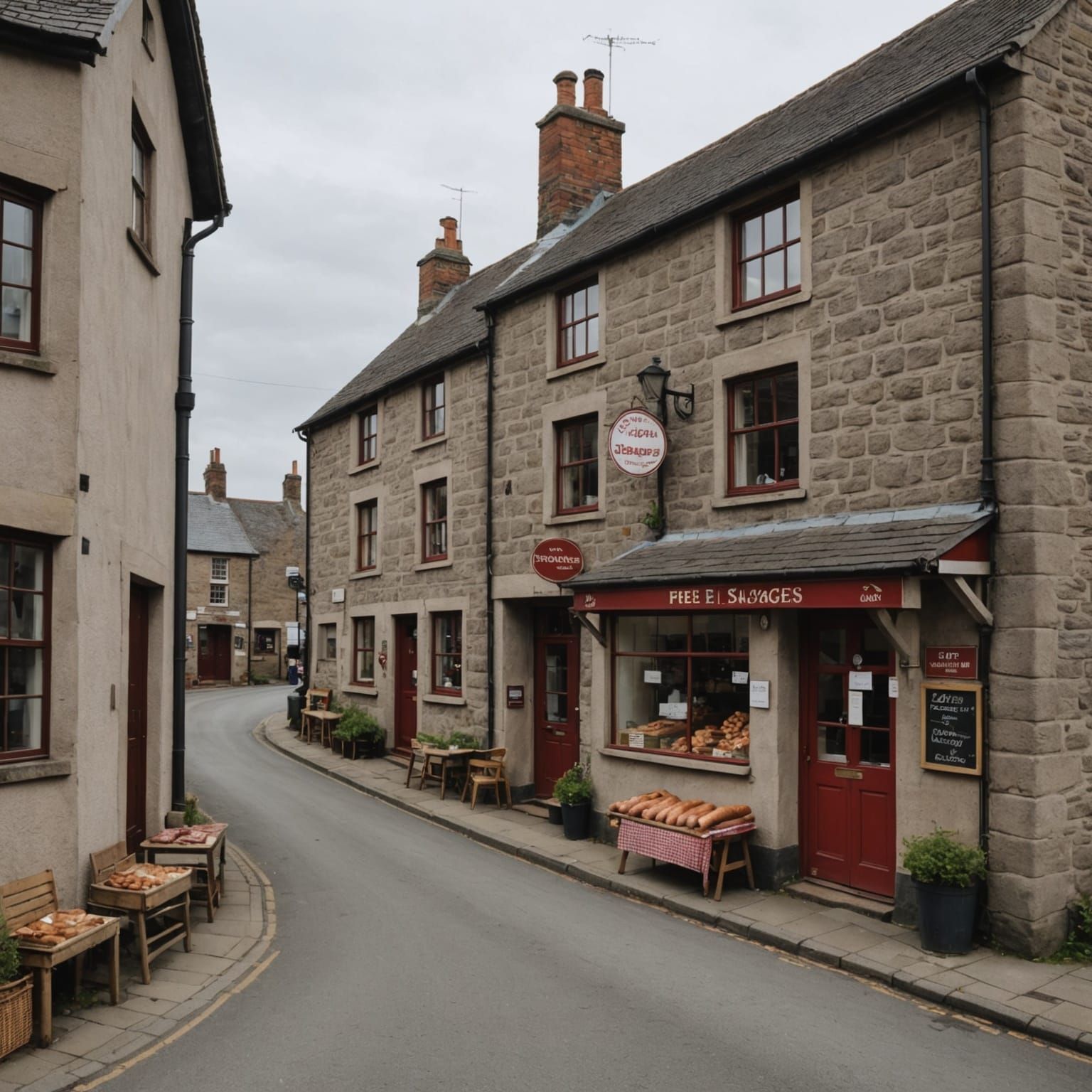 Surreal Village Scene with Sausage Shop Sign