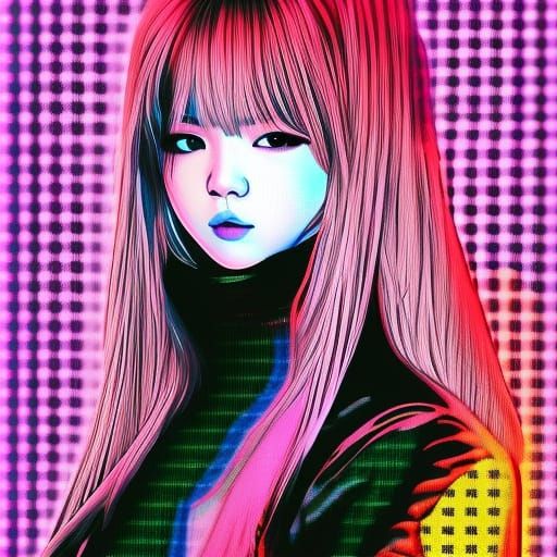 Creepy Glitch Girl in Synthwave Neon Retro Style