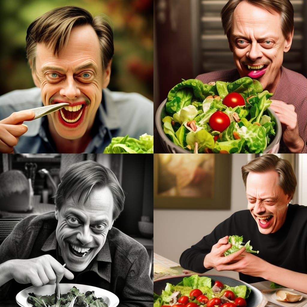 Hyperrealistic Steve Buscemi Laughing and Eating Salad