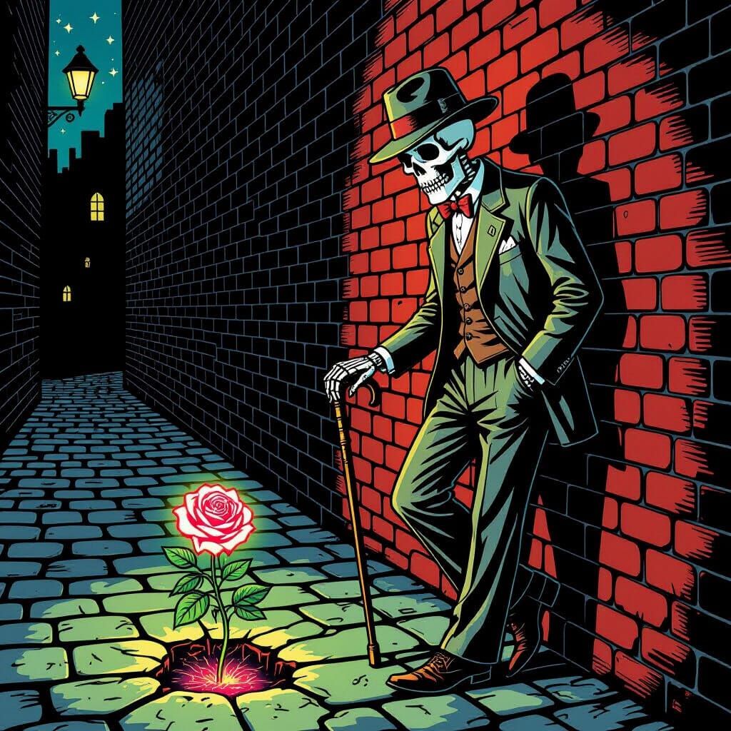 Skeleton Gentleman in 1920s Suit in Shadowy Alley