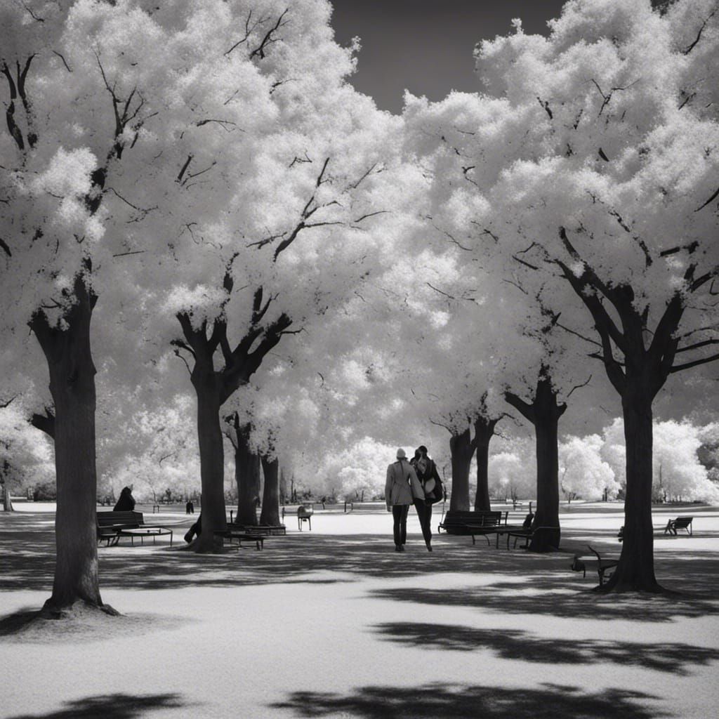 Monochrome Infrared Photo of People in Park