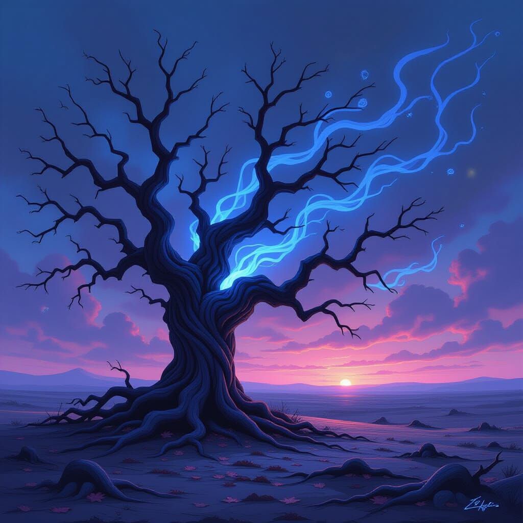 Ancient Tree Cage Under Twilight Sky