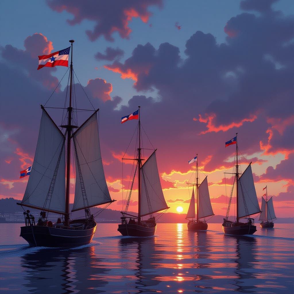 Sunset Harbor: Sailing Ships with National Flag Sails