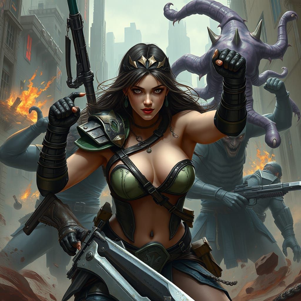 Dystopian Slime Invasion: Woman Warrior in Action