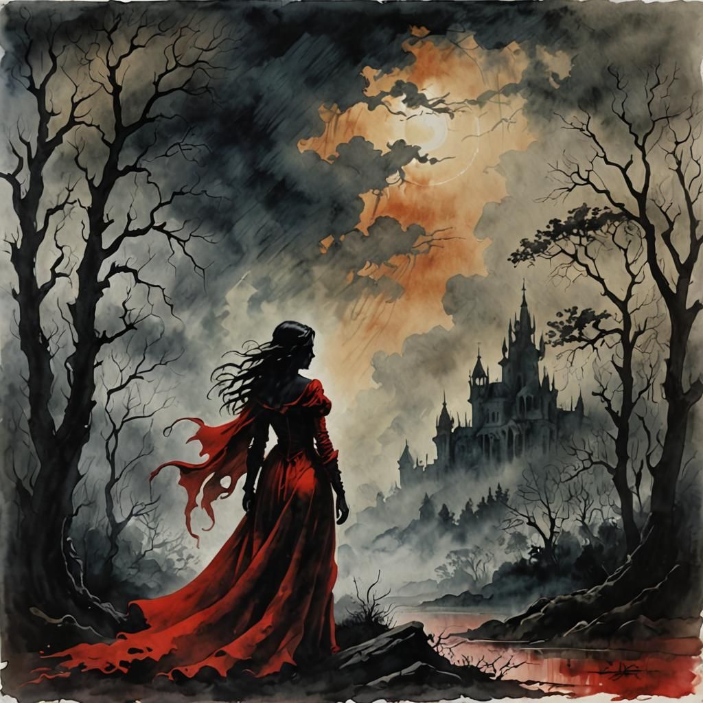 Gothic Lady Death in Stormy Forest Watercolor
