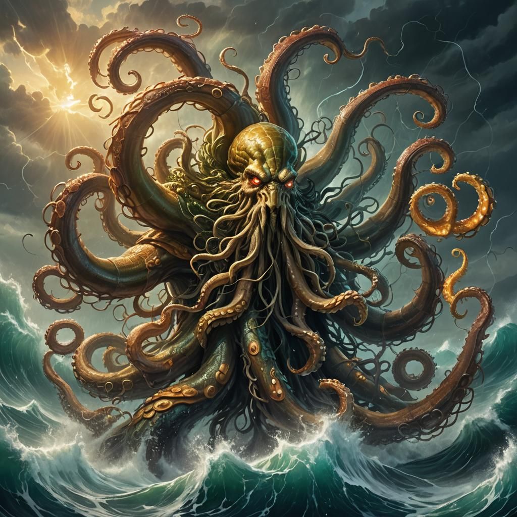 Poseidon vs Giant Octopus in Stormy Sea: Oil Painting