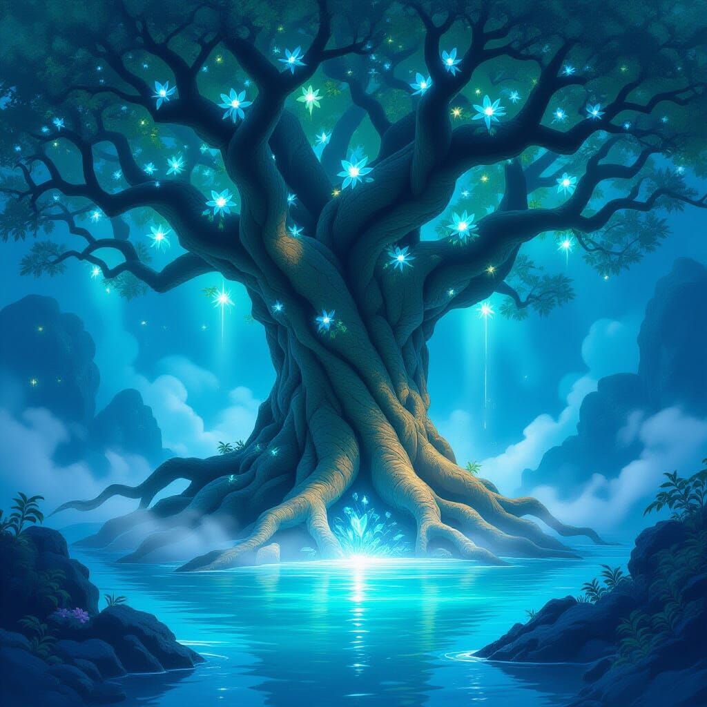 Ancient Ocean Tree with Bioluminescent Flowers