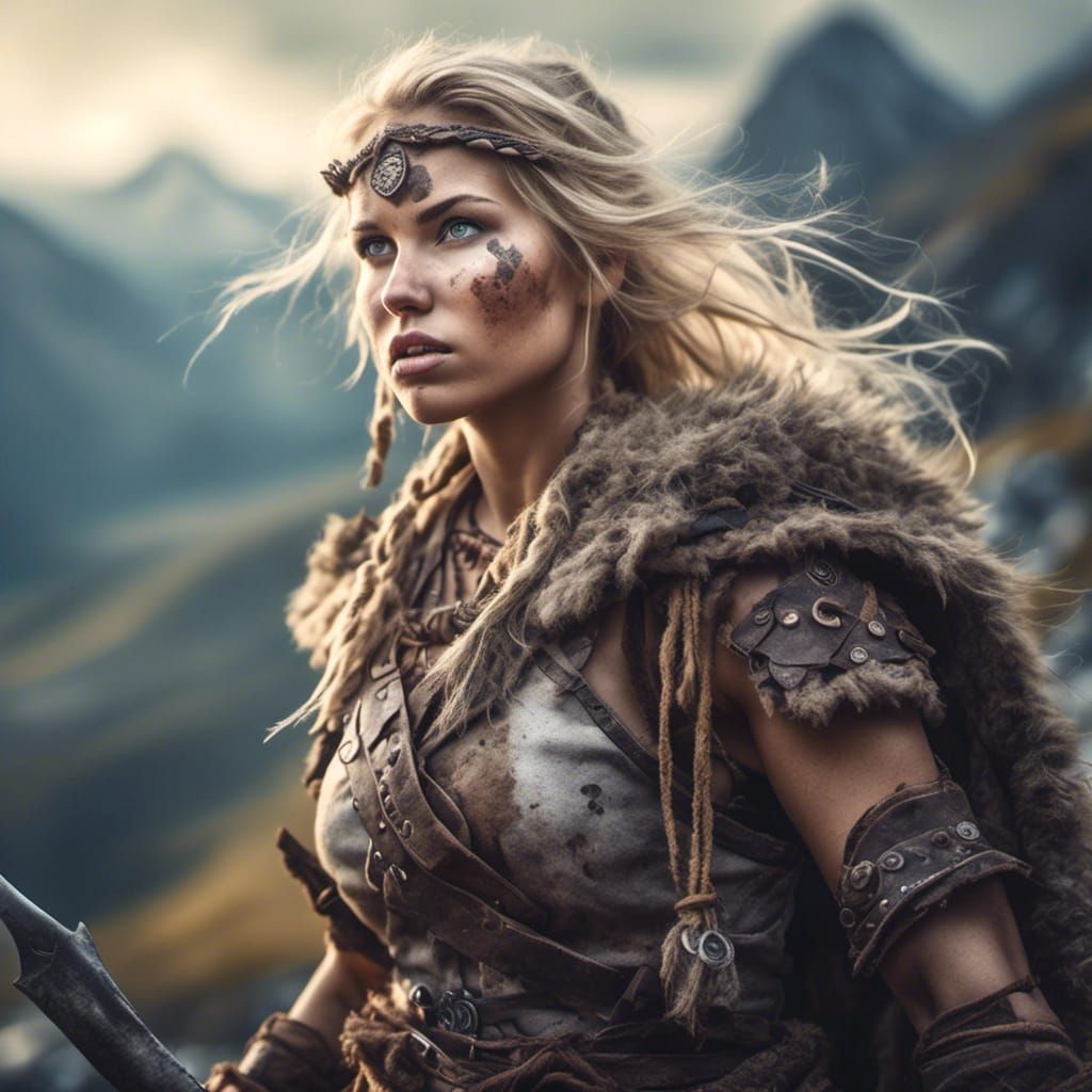 Blonde Barbarian Woman Portrait with Mountain Background