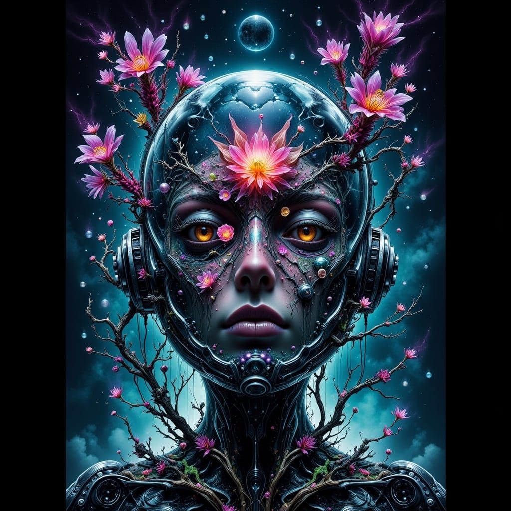 Surreal Space Colony Encounter in Bioluminescent Vines