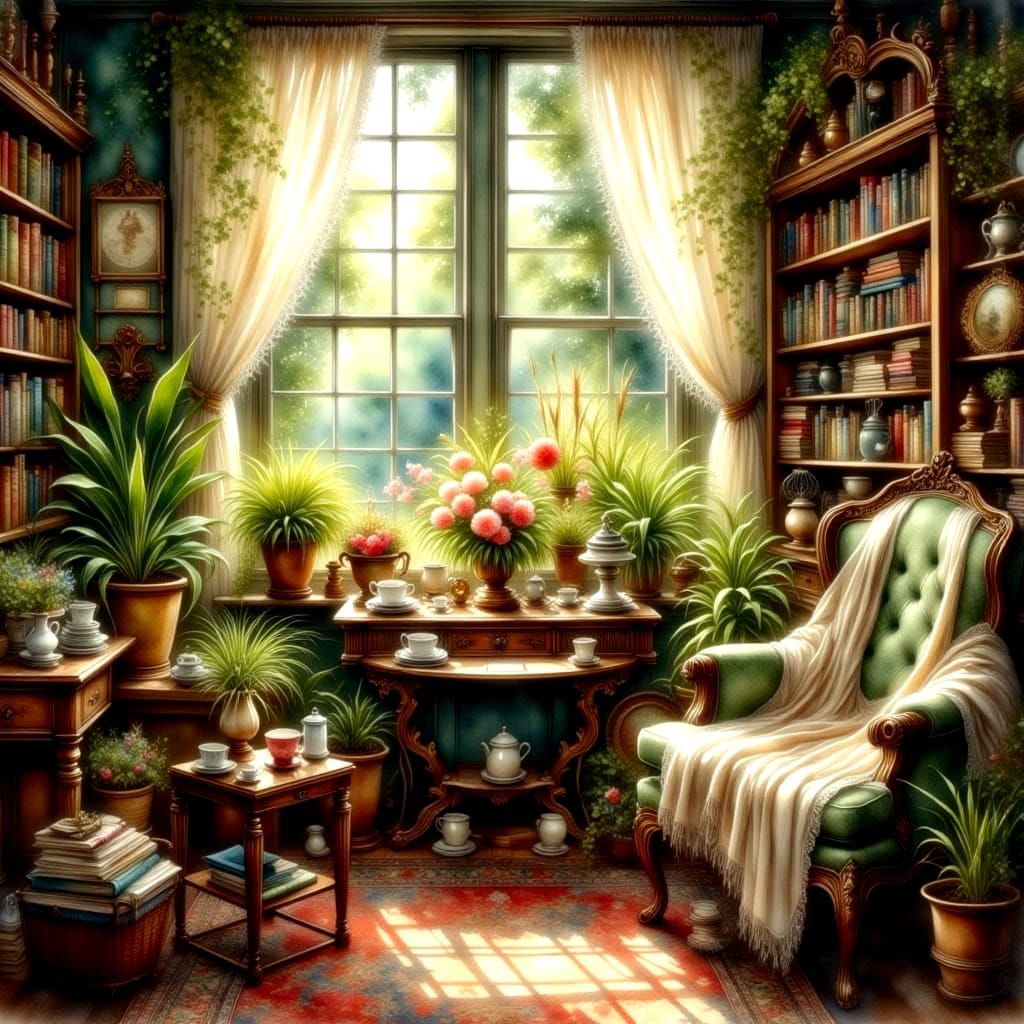 Warmly Lit Antique Study as Watercolor Painting