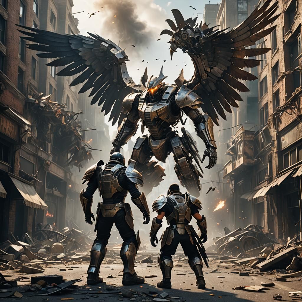 Mechanical Winged Warriors Battle in Ruined City