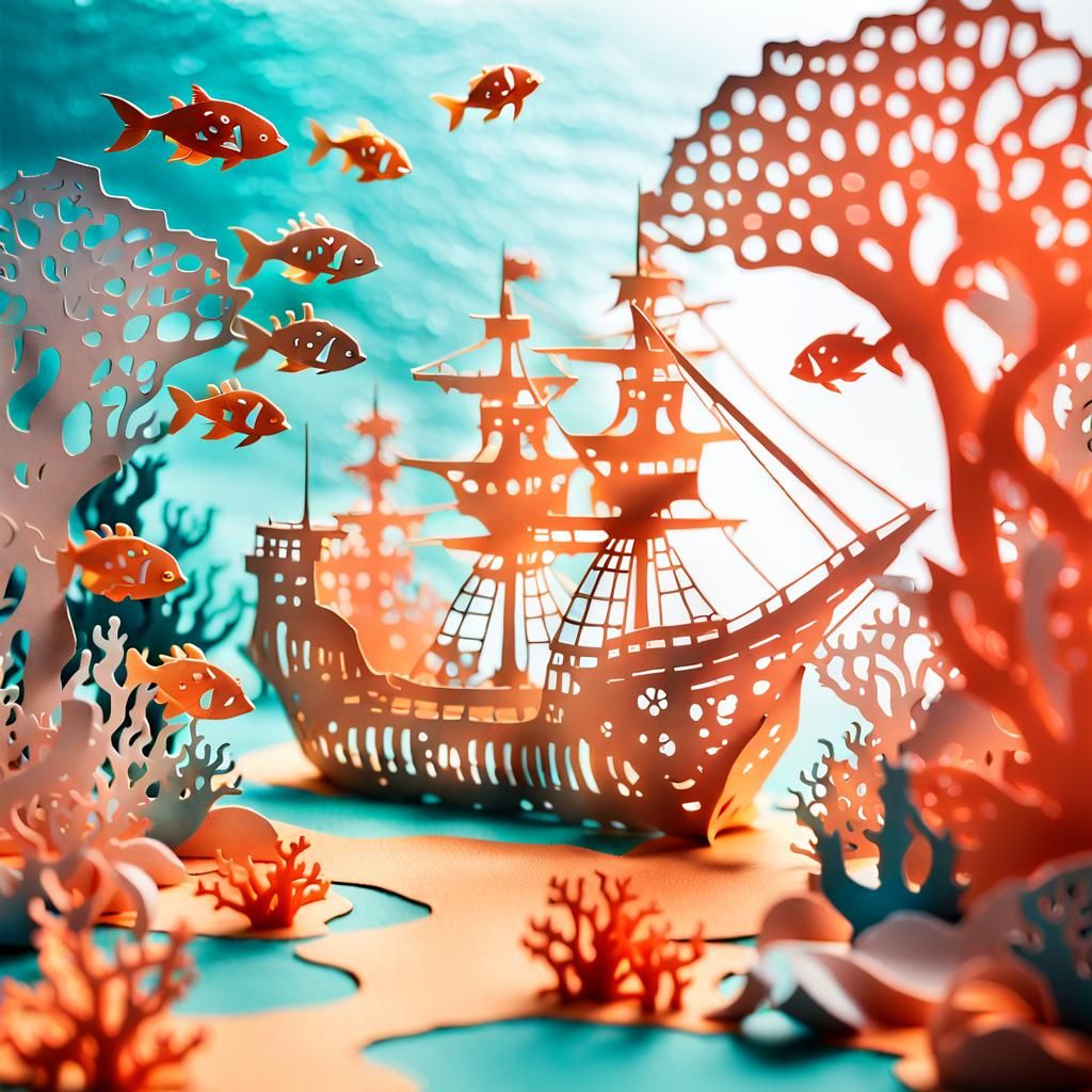 Kirigami Coral Reef and Shipwreck in Paper Art Style