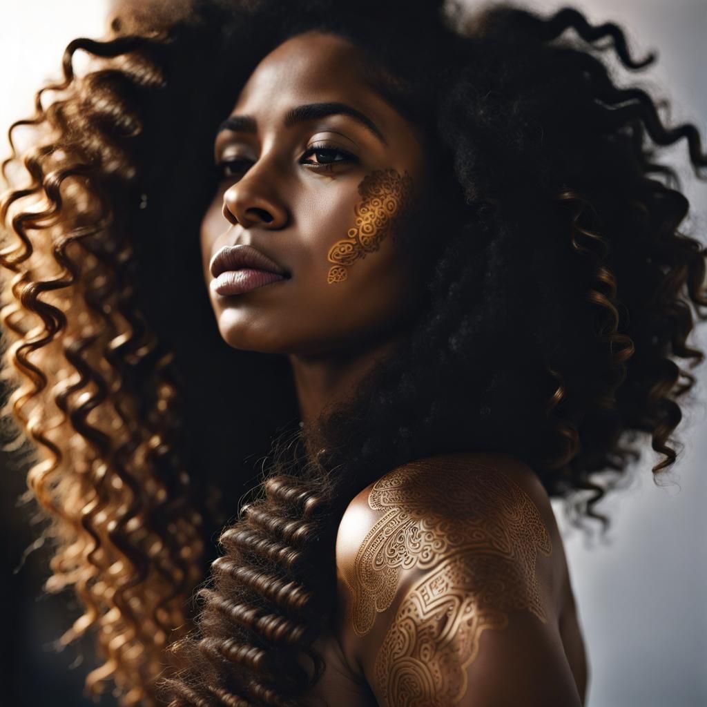 Dramatic Portrait of Indigenous Woman with Golden Henna