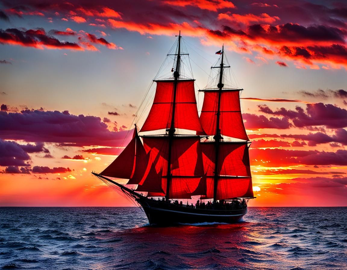 Red Sails Gleam in Vivid Sunset